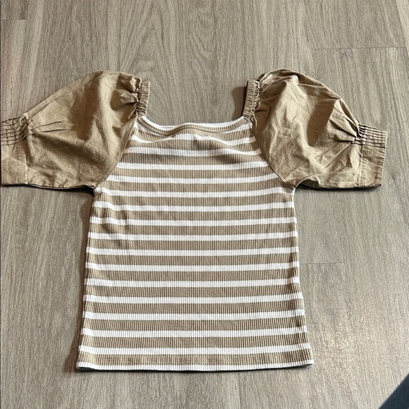 J. Crew Beige and White Striped Puff Sleeve Blouse - Picture 1 of 5